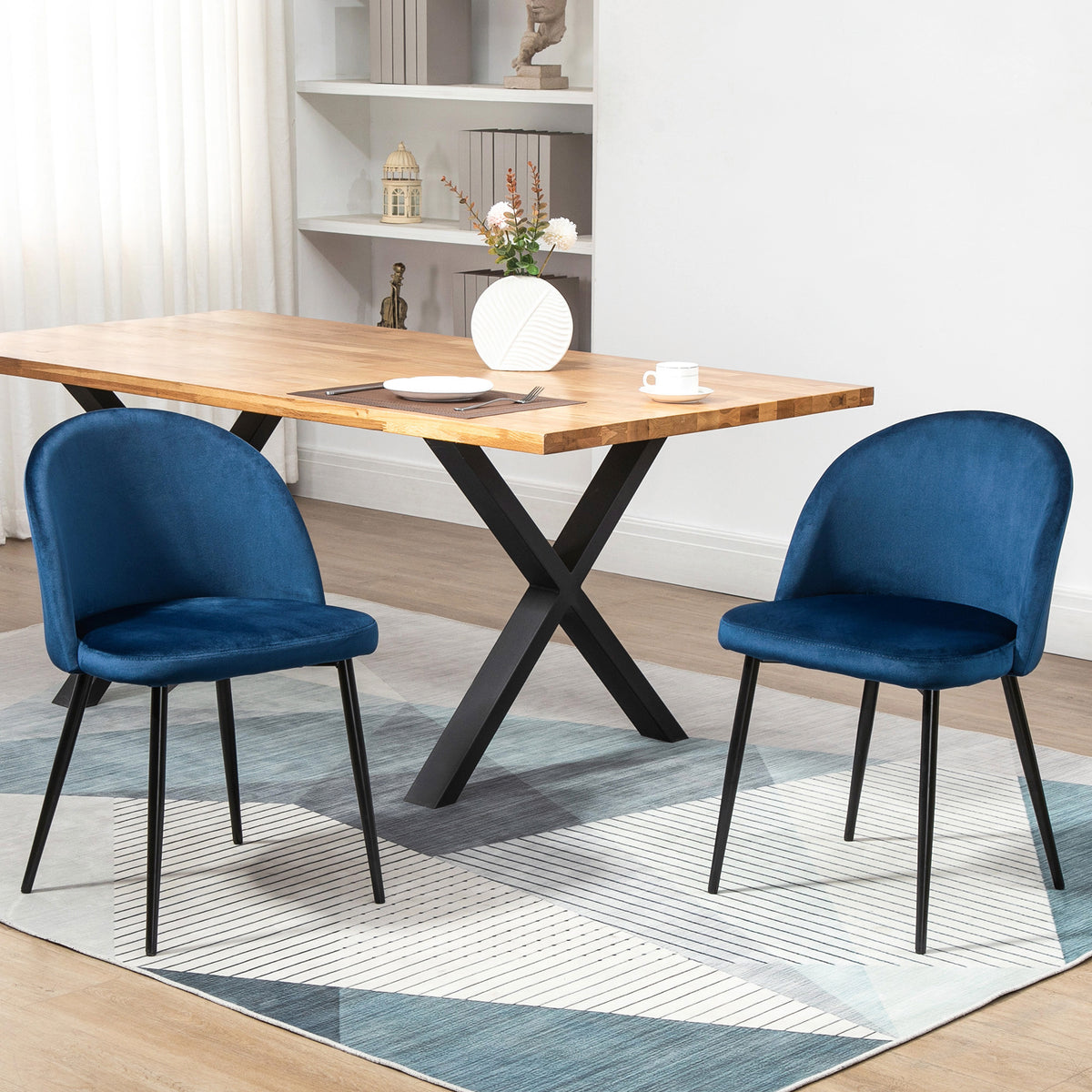 Set of 2 Mid-Back Dining Chair, Mid-Back Velvet-touch Upholstery Kitchen Chair for Living Room Dining Room, Dark Blue