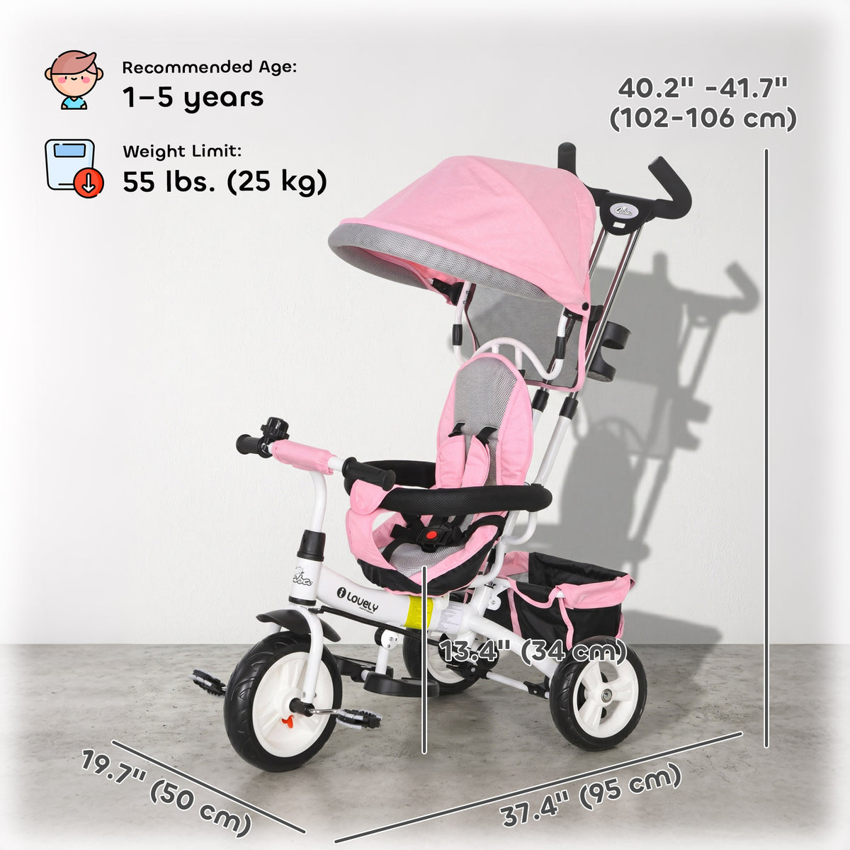 Qaba 6 in 1 Toddler Tricycle Stroller with Basket, Canopy, 5-point Safety Harness, for 12-60 Months