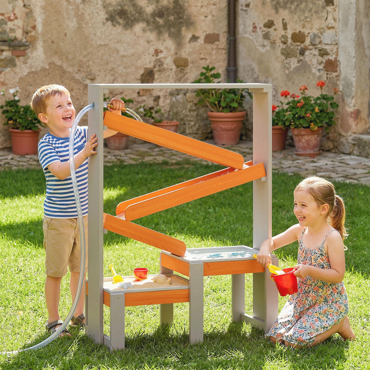 Qaba Wooden Sandbox, Kids Sand and Water Table with Waterway Track and Dual Boxes, Sensory Table for Outdoor, Grey