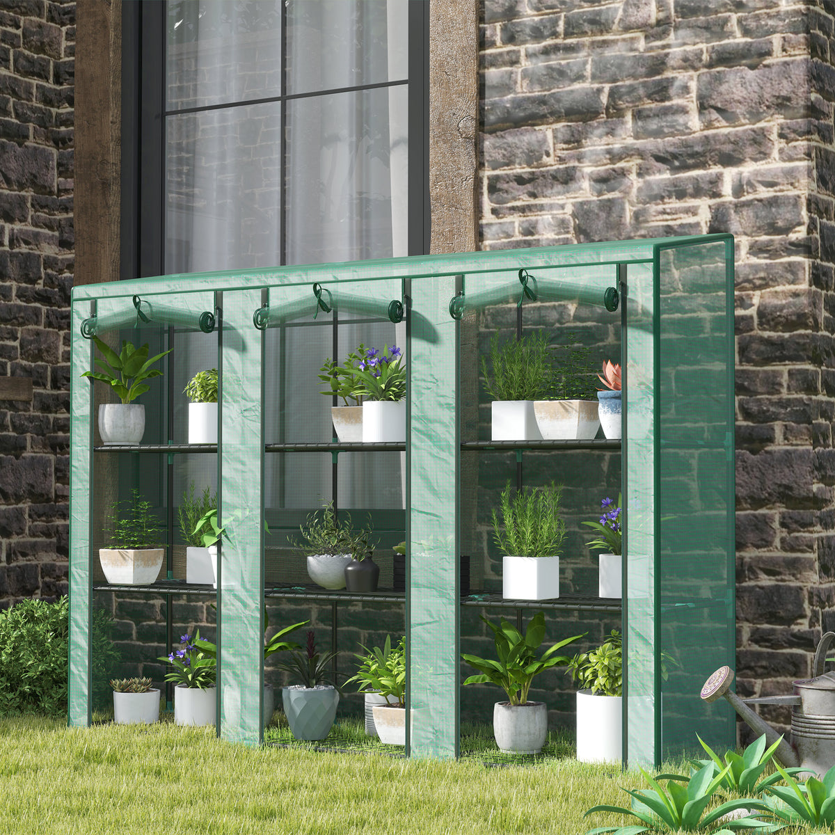 Lean-to Greenhouse with 3 Tier Shelves, Mini Greenhouse with 3 Roll-Up Doors for Indoor Outdoor, Green – view 7