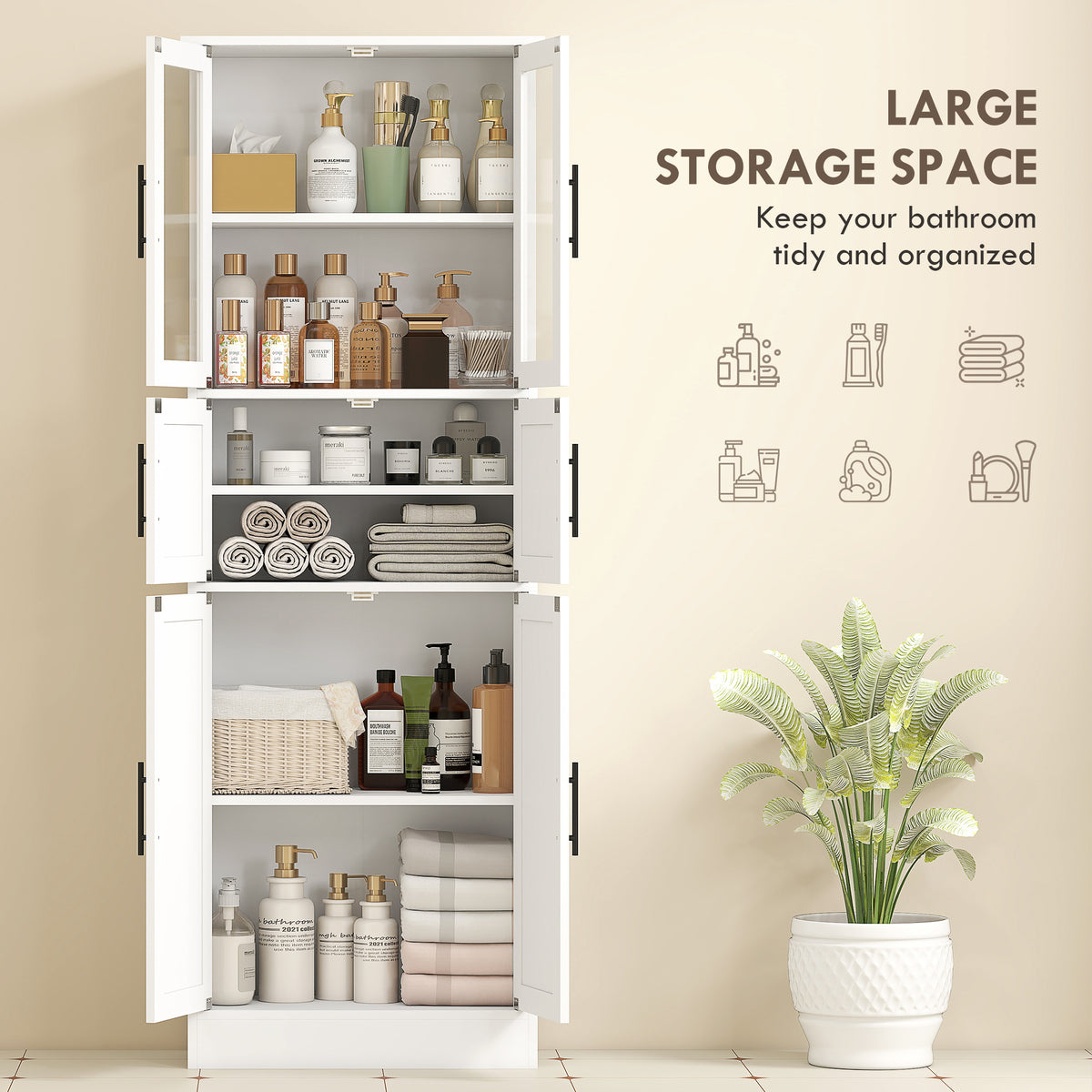 67" Tall Bathroom Storage Cabinet, Modern Freestanding Bathroom Cabinet with Glass Doors and Adjustable Shelves, White