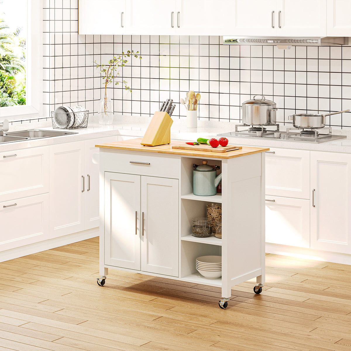 Wooden Rolling Kitchen Island on 360° Swivel Wheels Dining Cart with Drawer, Towel Rack for Kitchen, White