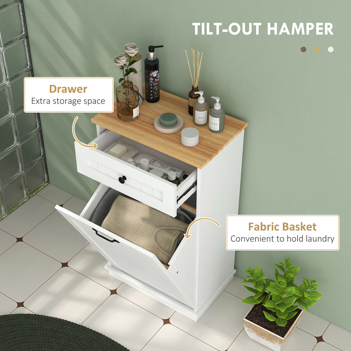 Laundry Cabinet with Removable Basket and Drawer, Tilt-Out Laundry Hamper for Bathroom, Living Room, White