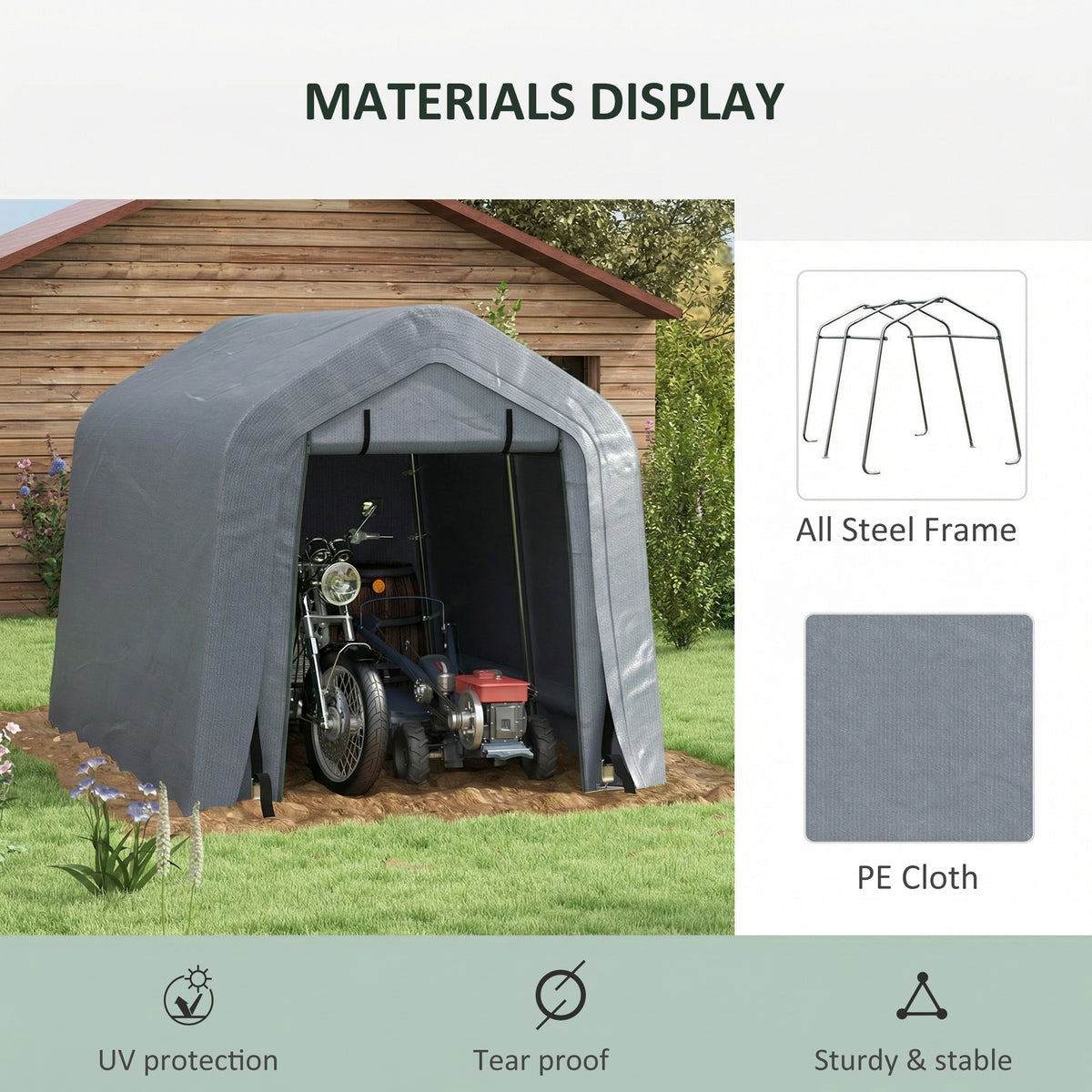 8' x 6' Carport with Sidewalls and Roll-up Door, Outdoor Storage Shelter for Motorcycle and Car, Grey – view 17