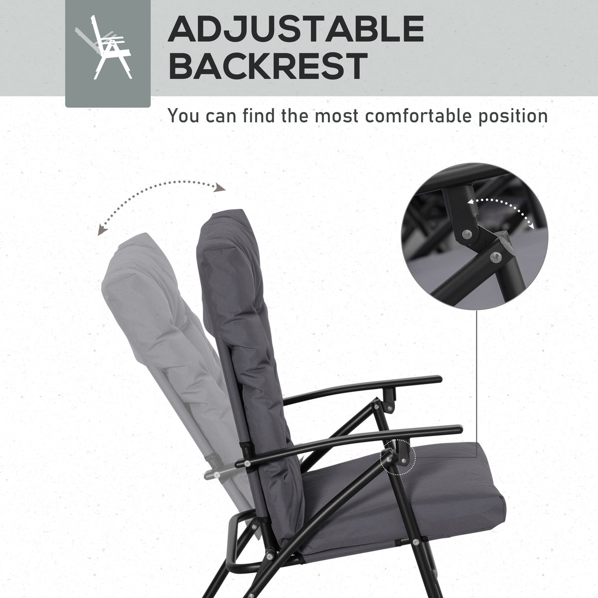 Set of 2 Outdoor Folding Chairs with Adjustable Backrest, Padded Camping Chairs for Outdoor Events, Grey – view 5