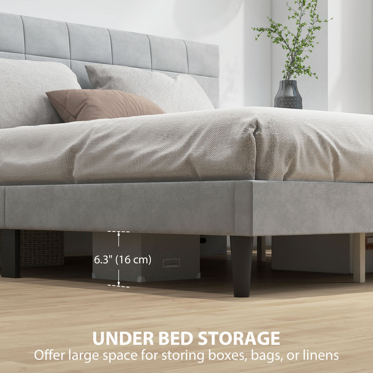 Queen Size Bed Frame with Upholstered Headboard, Modern Platform Bed Frame with Wood Slats, 1100 lbs Capacity, Cream