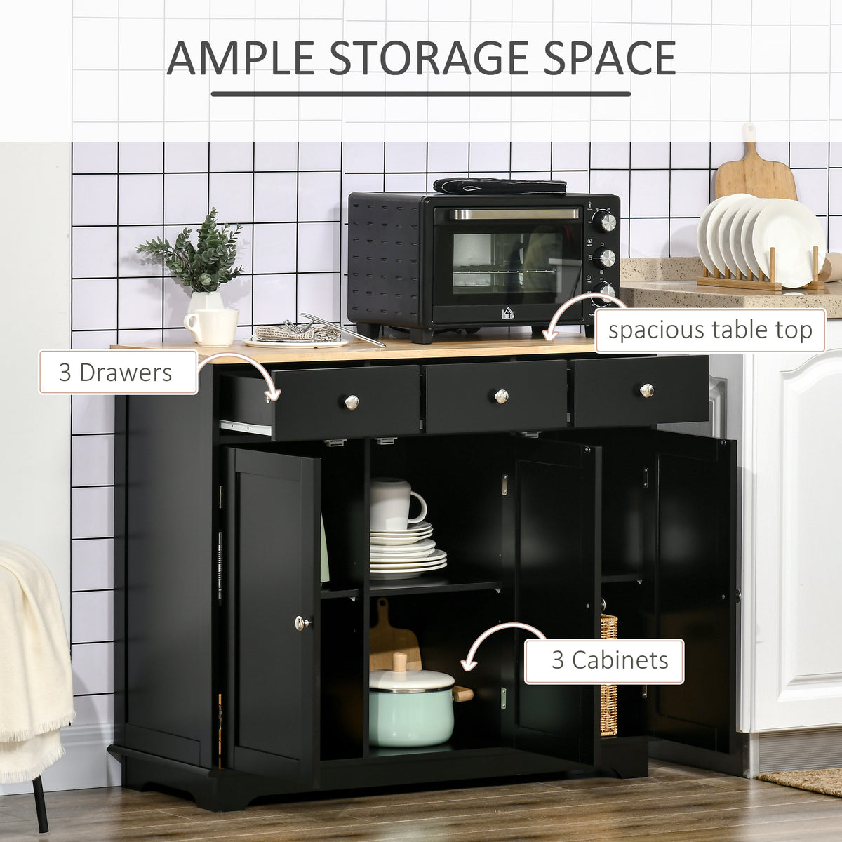Modern Sideboard, Buffet Cabinet with Storage Cabinets, Drawers and Adjustable Shelves for Living Room, Black