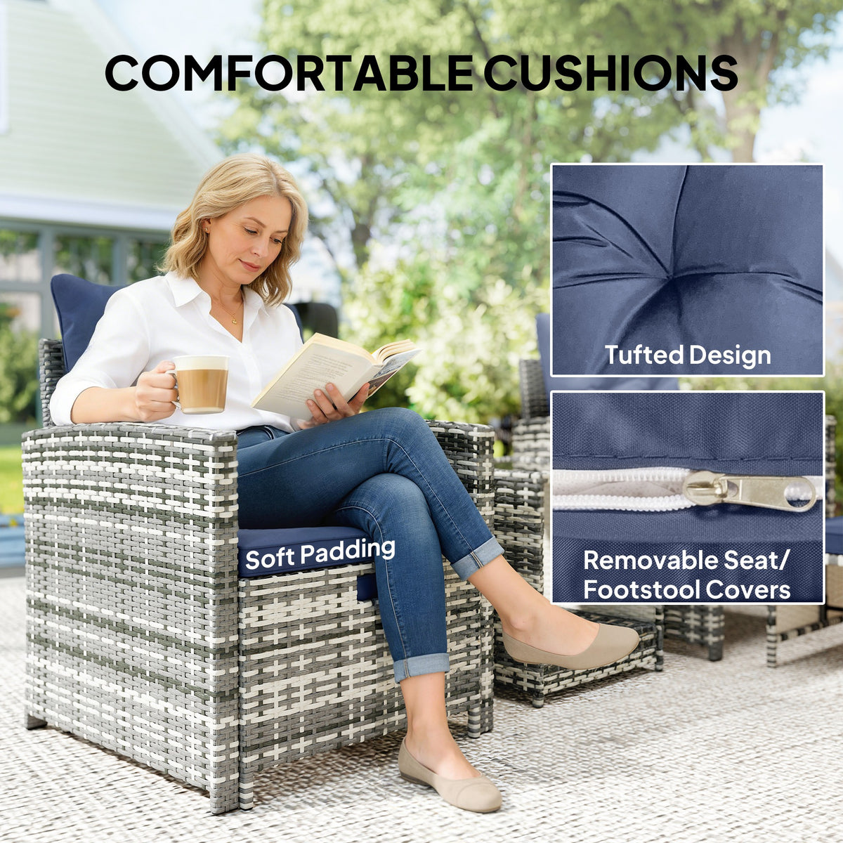 5 Piece Patio Furniture Set, Wicker Patio Chairs with Ottomans, 2-Tier Glass Coffee Table and Cushions – view 20
