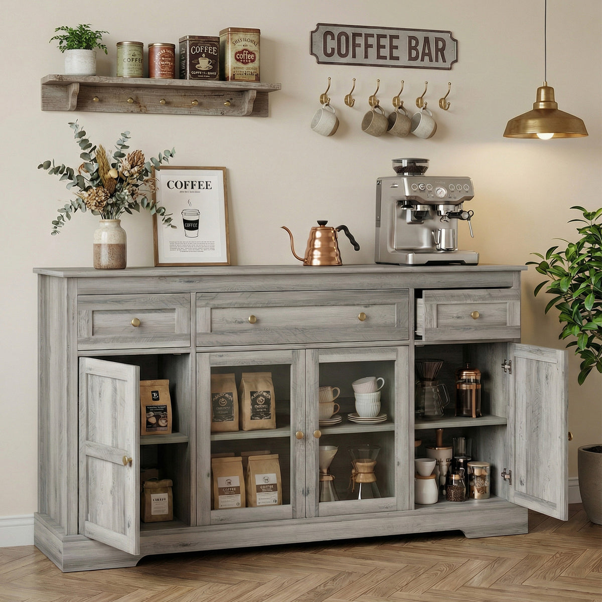 Dining Room Sideboard Buffet Cabinet with Storage, Coffee Bar Cabinet with Glass Doors and Adjustable Shelves, Weathered Grey Oak