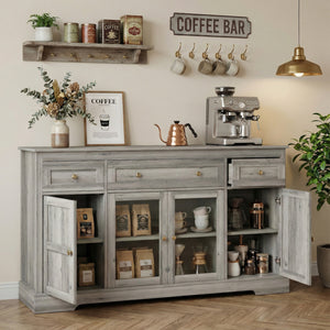 Dining Room Sideboard Buffet Cabinet with Storage, Coffee Bar Cabinet with Glass Doors and Adjustable Shelves, Weathered Grey Oak