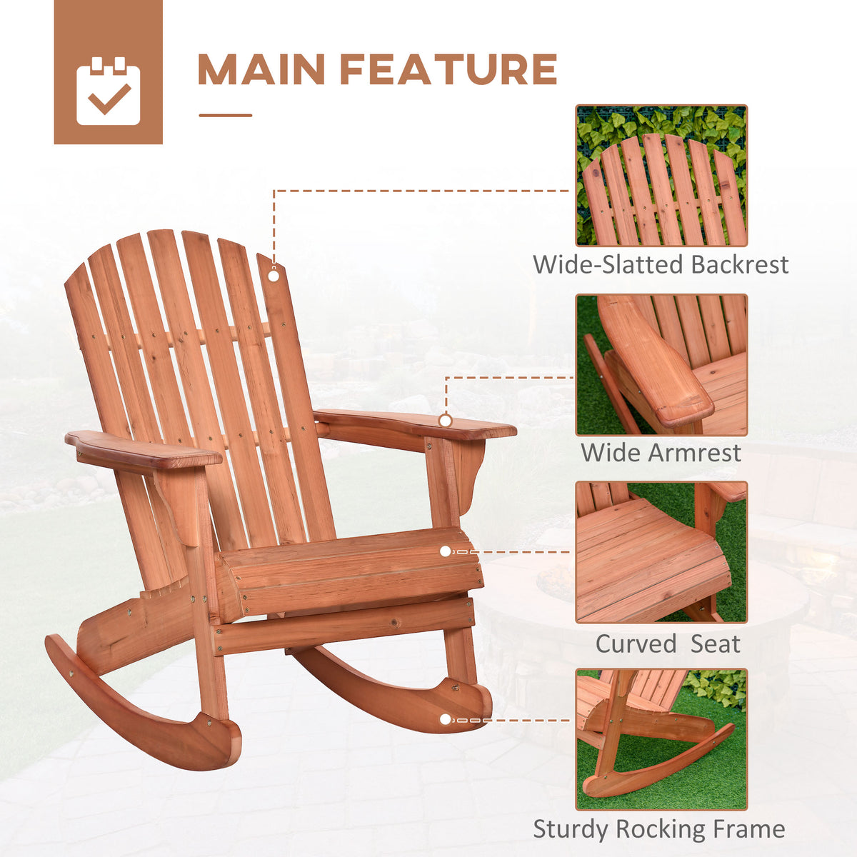 Wooden Adirondack Rocking Muskoka Chair with Slatted Wooden Design, Fanned Back and Classic Rustic Style – view 5