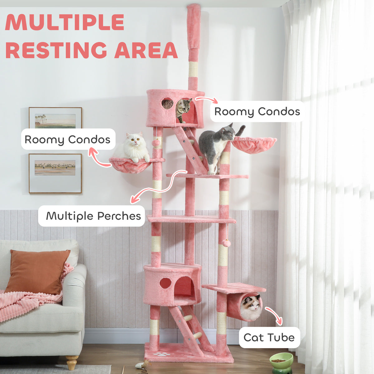 94"-102" Huge Cat Tree Ceiling High Cat Condo Scratching Post Activity Center Multi-Level Play House Light – view 27