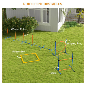 Dog Agility Training Equipment w/ Weave Poles, Adjustable Hurdle, Jump Ring, Pause Box, Whistle, Balls, Carry Bag