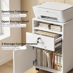 24" Vertical Filing Cabinet with Lockable Drawer, Mobile File Cabinet with 2 Keys, Wheels for Home Office, White