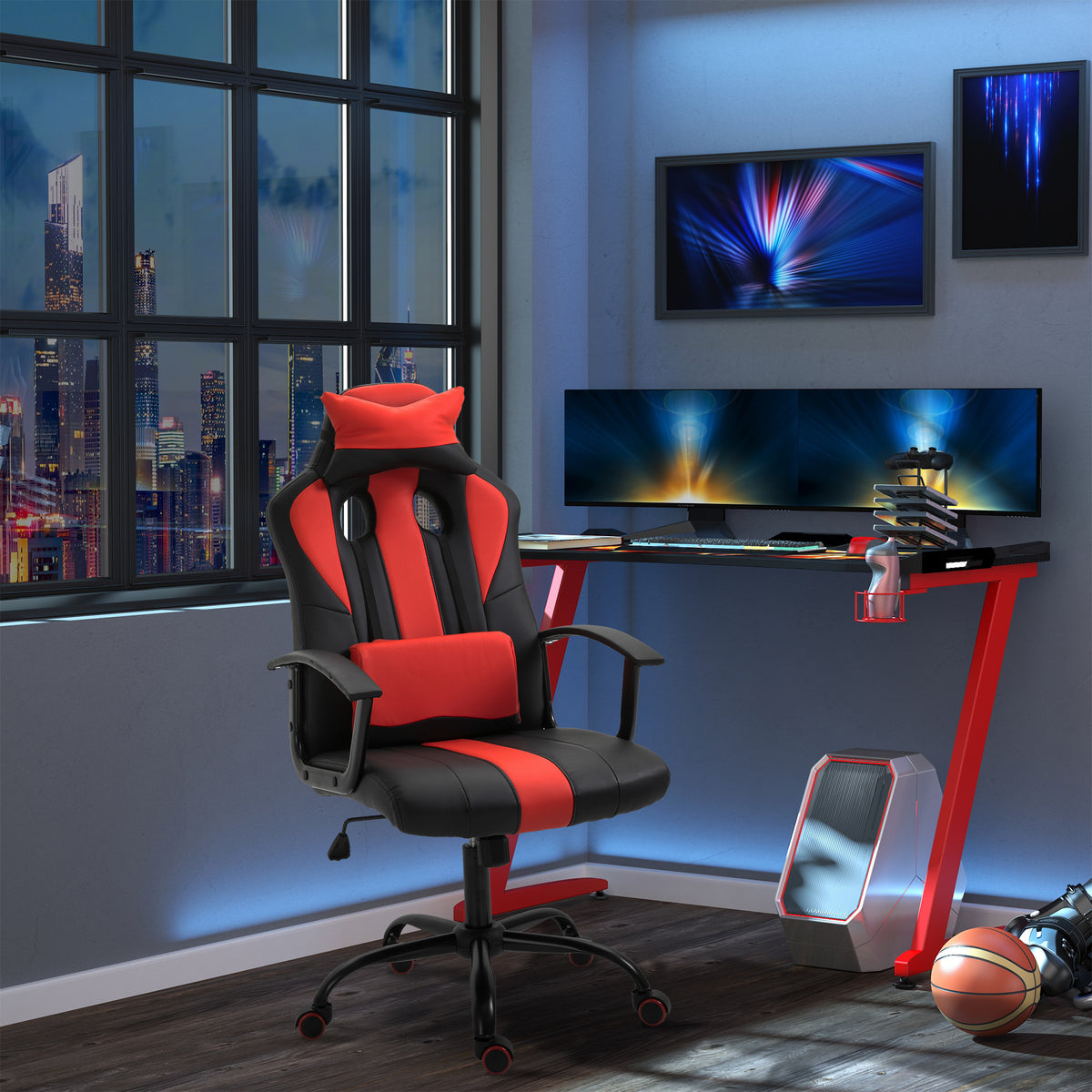 Office Chair High Back Racing Style Gaming Chair Adjustable PU Leather Swivel Computer Task Seat with Lumbar Support and Pillow Red