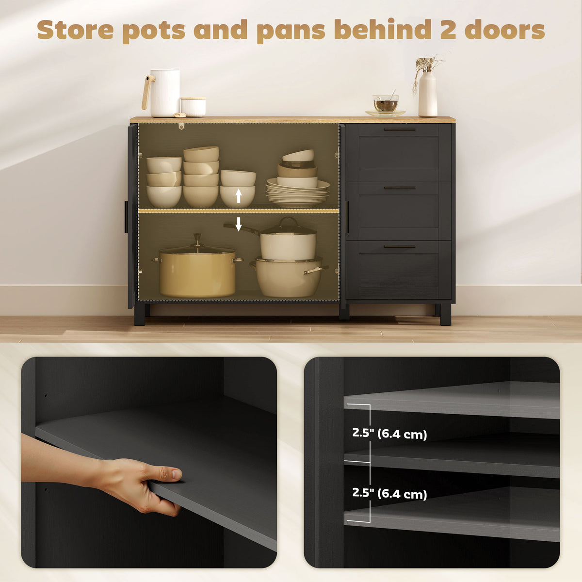 Buffet Cabinet with Soft-Close Doors, Modern Sideboard with 3 Drawers for Living Room, Kitchen – view 3