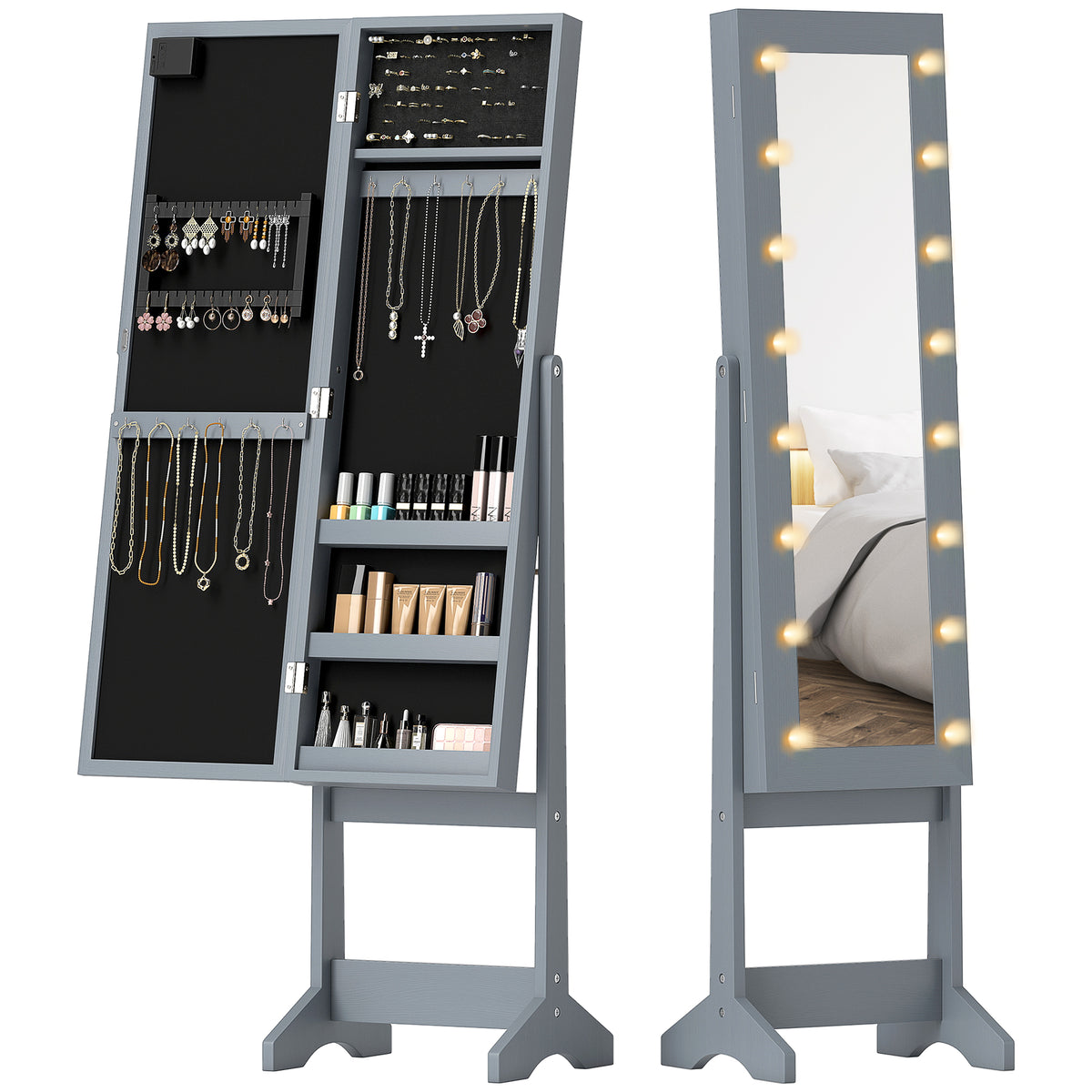 Free Standing Armoire Organizer, Lighted Mirrored Jewelry Cabinet w/ Angle Adjustable & 16 LED Lights Warm – view 15