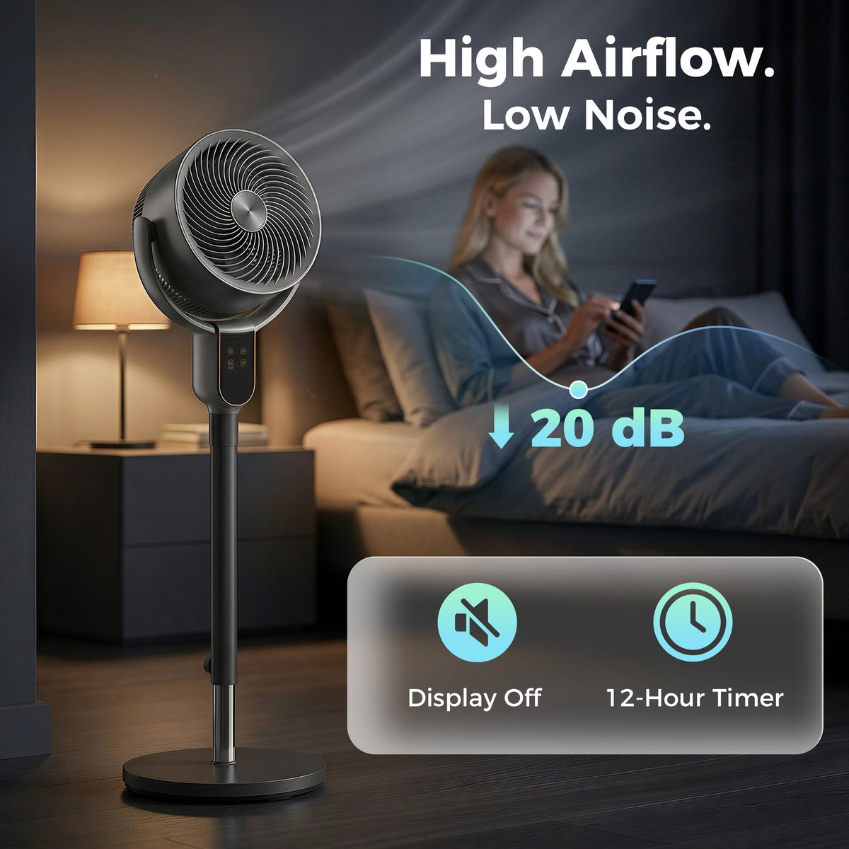 20dB Standing Fan for Bedroom, 70°+90° Auto Oscillating Fan with 8 Speeds, Remote Control, 12H Timer, Adjustable Height