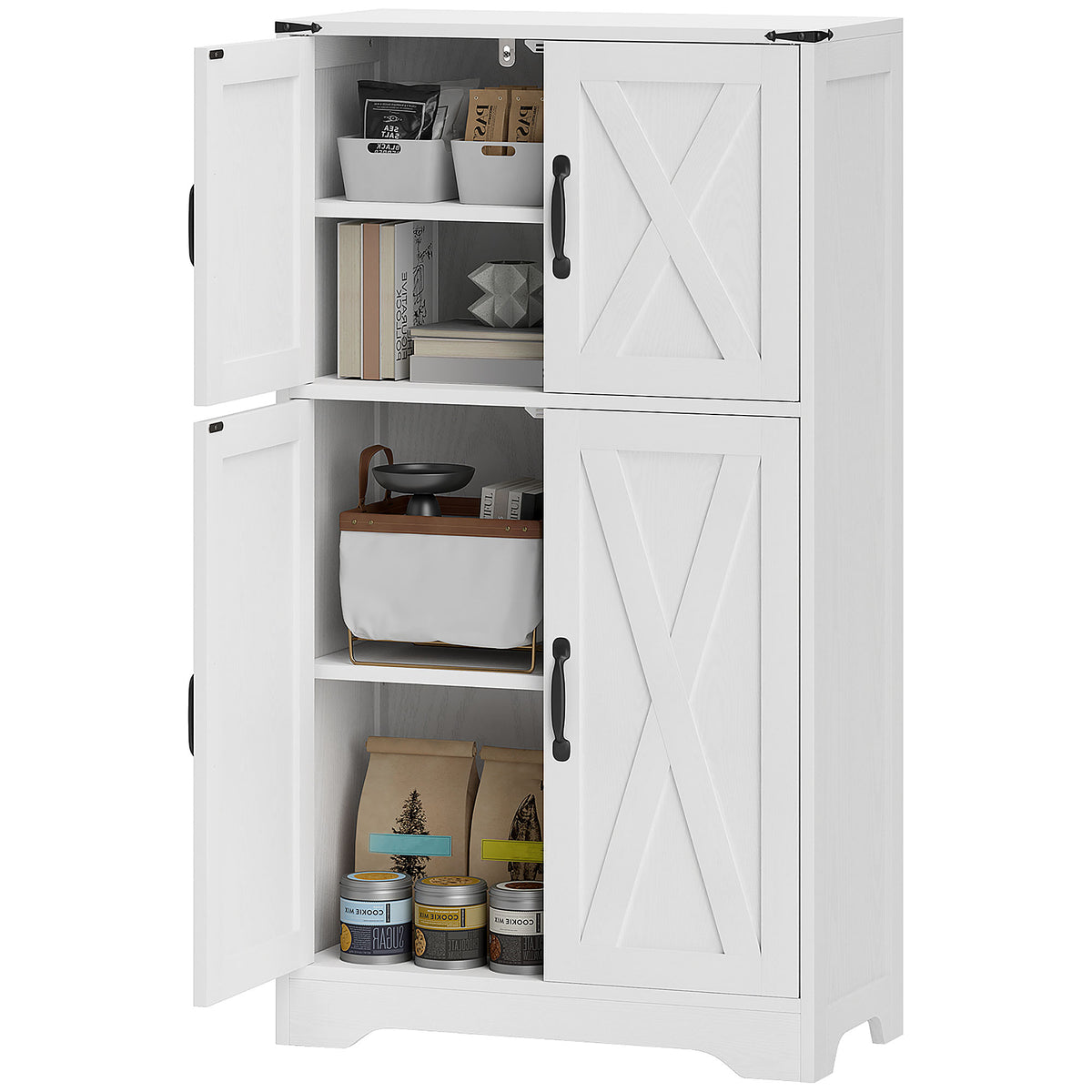 Farmhouse Kitchen Pantry, Freestanding Kitchen Pantry Storage Cabinet with Barn Doors and Adjustable Shelves, White
