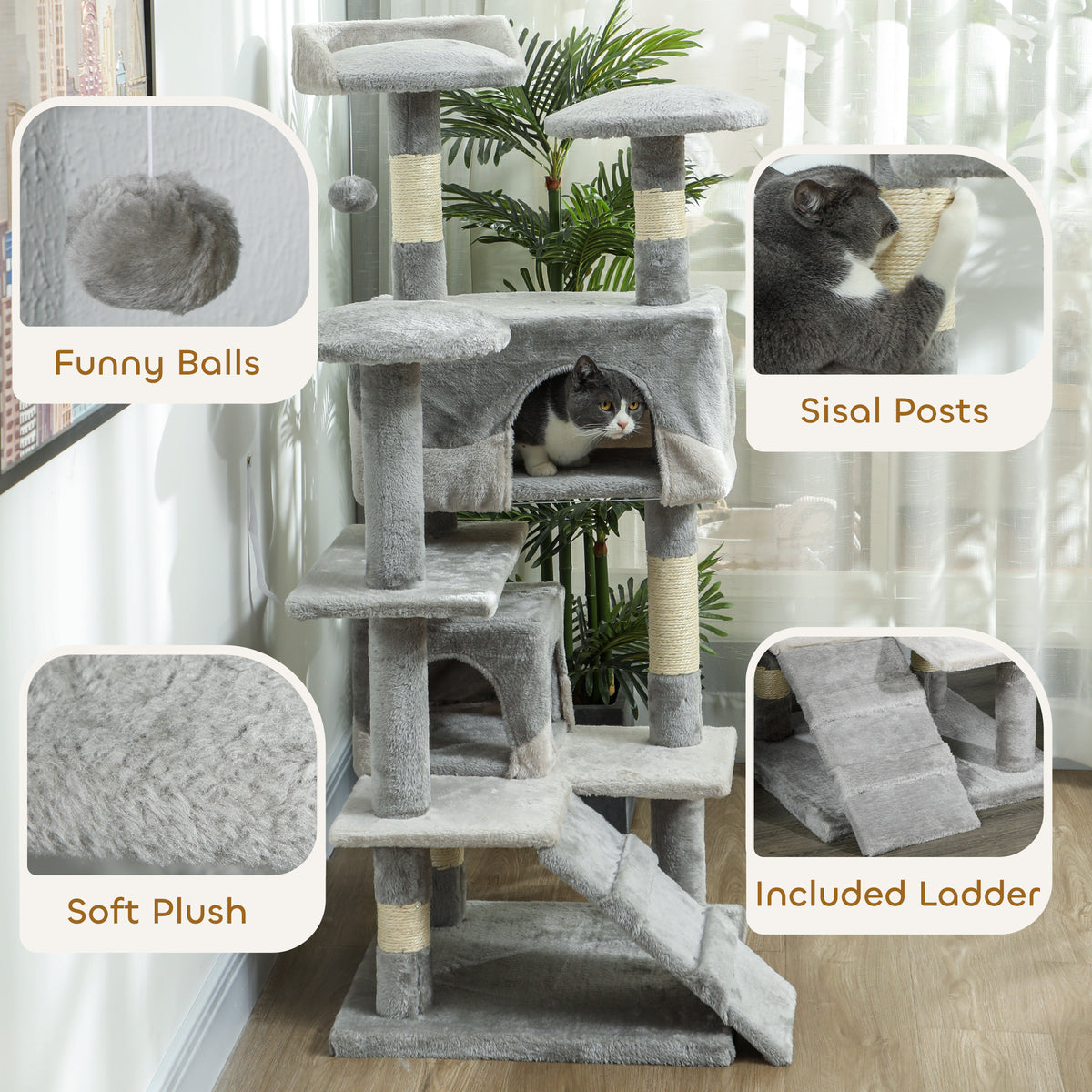 53" Cat Tree Scratching Large Kitten Play House Multi-Level Activity Center Pet Furniture