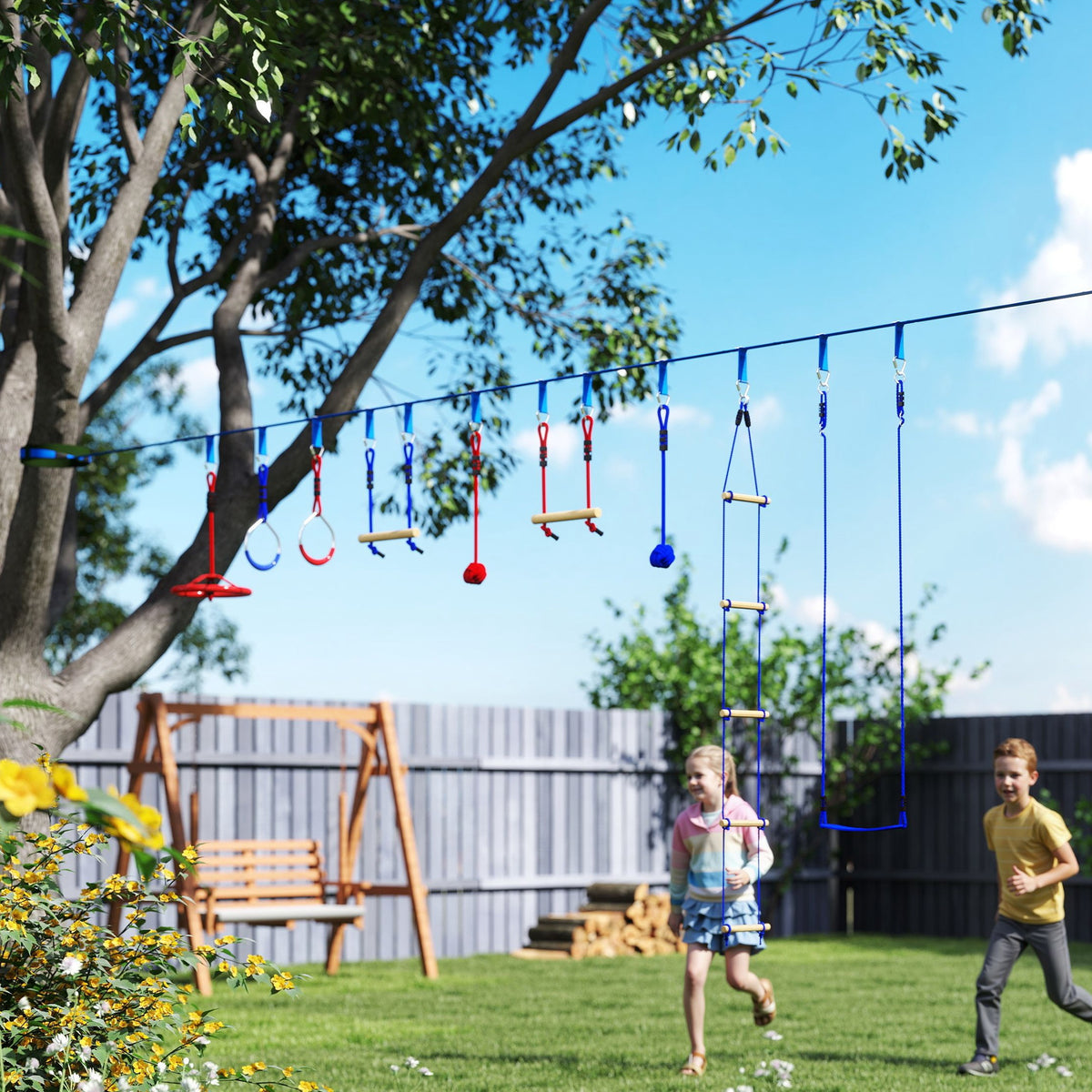 Qaba 32.8' Ninja Warrior Obstacle Course for Kids 3-6 Years, with Swing, Monkey Bars, Climbing Ladder, Gym Rings, Blue