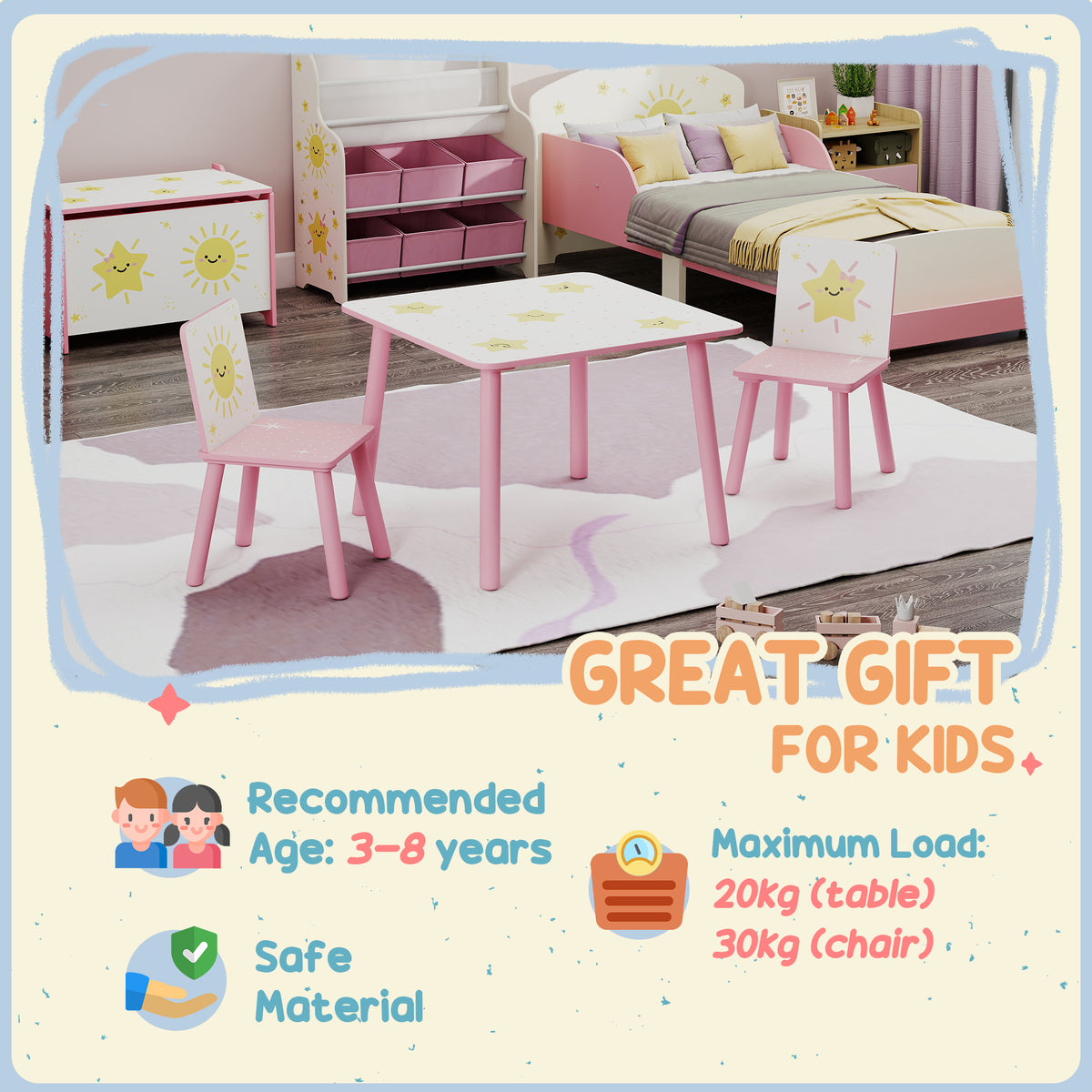 Qaba 3-Piece Kids Table and Chair Set with Animal Pattern for Boys and Girls Aged 3-8, Bedroom, Nursery, Playroom