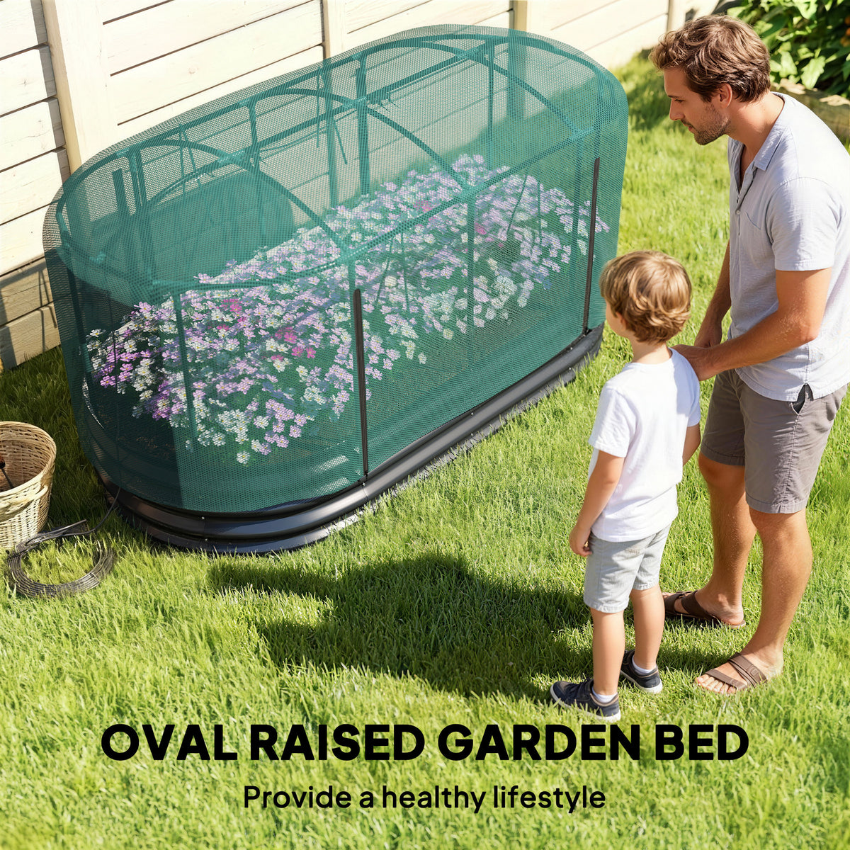 6' x 3' Galvanized Raised Garden Bed with Crop Cage Net Cover and Watering System, Outdoor Planter Box, Dark Grey