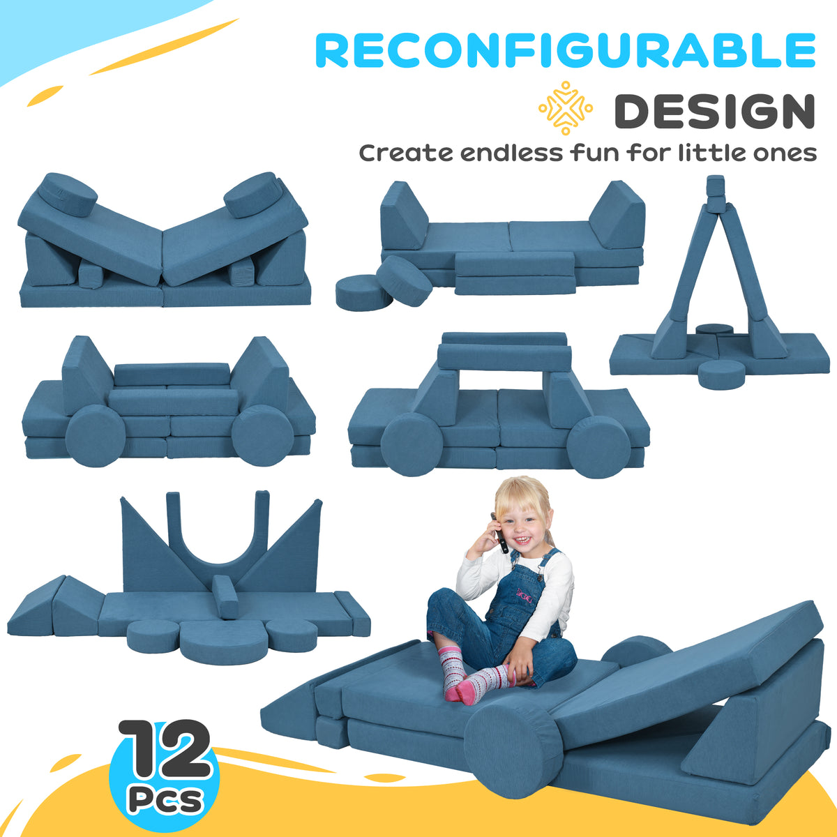 Qaba 12-Piece Modular Kids Play Couch Building Fort for Playroom Bedroom, Convertible Kids Sofa