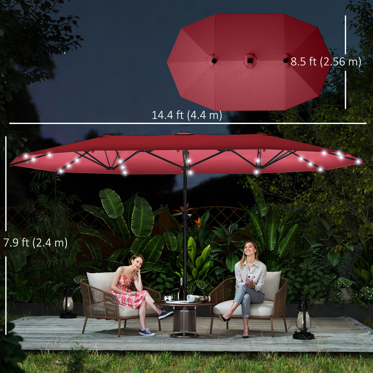 174" Double-Sided Sun Umbrella Garden Parasol Patio Sun Shade Outdoor with LED Solar Light, Khaki – view 23