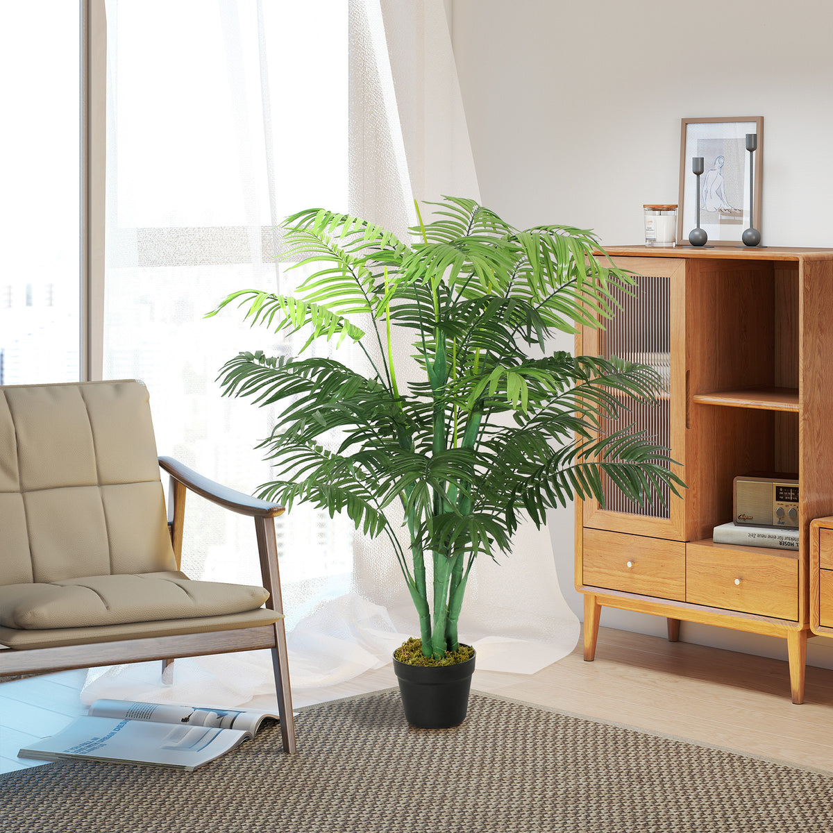 4FT Artificial Palm Tree, Fake Tropical Tree with Lifelike Leaves, Faux Plant in Pot for Indoor Decoration, Green