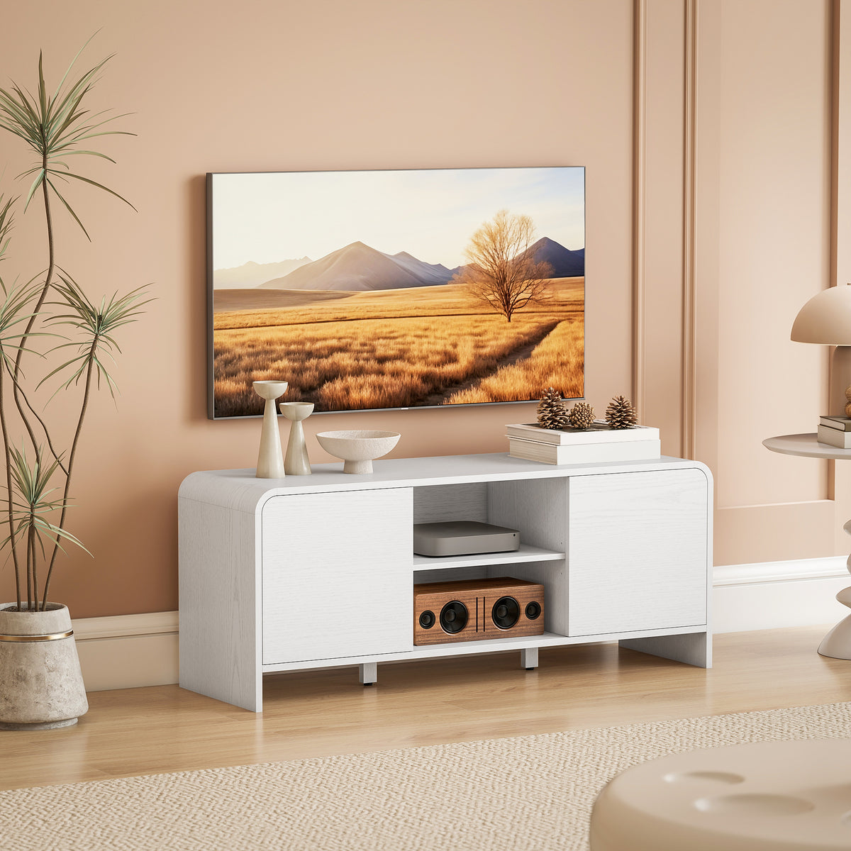 TV Stand for up to 55 Inch TV, Nordic Entertainment Center with 2 Cabinets and 2 Open Shelves for Living Room, White