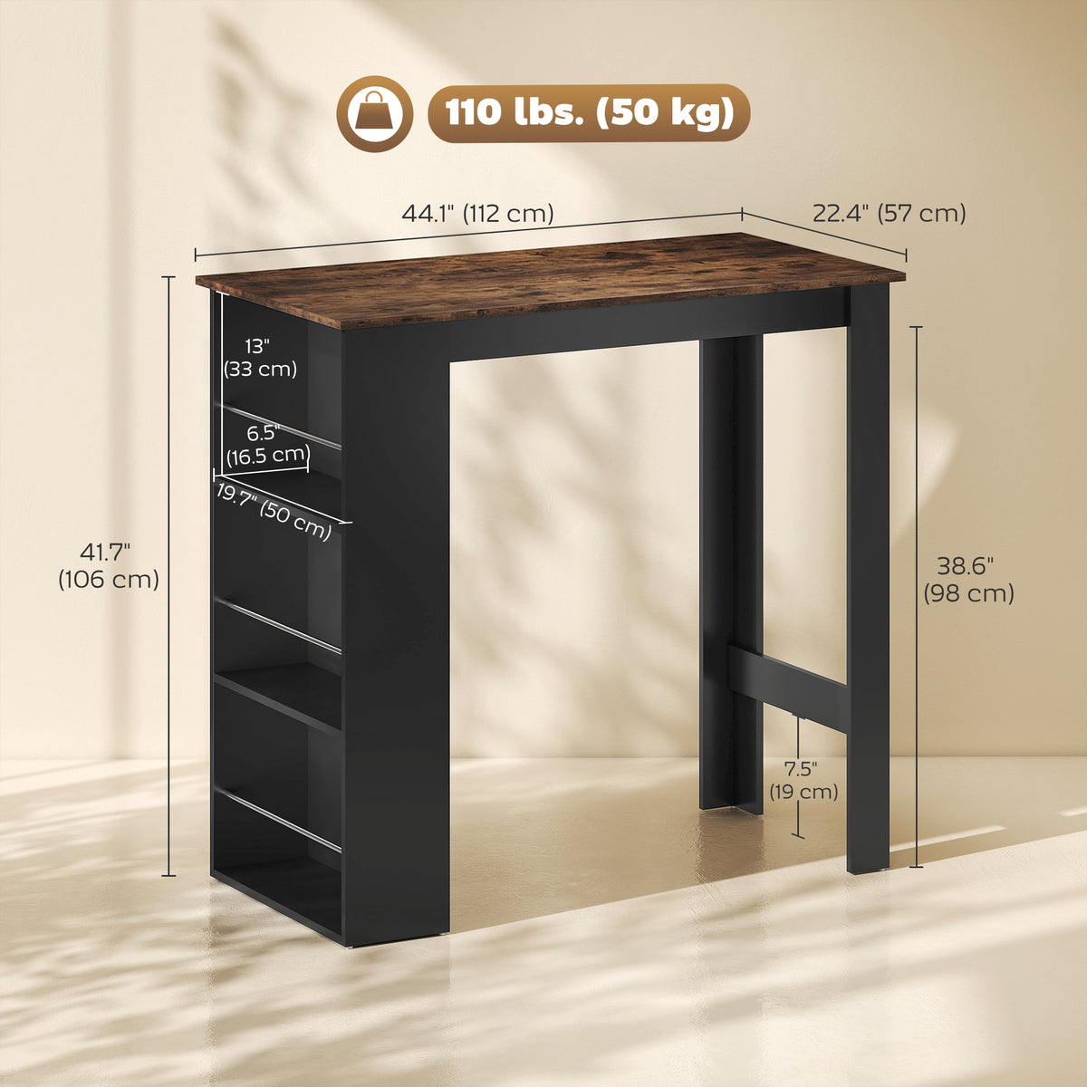 Bar Table Counter Height Dining Table with 3 Storage Shelves for Kitchen, Dining Room, Living Room, Natural