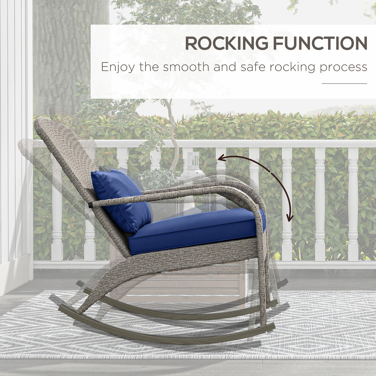 Adirondack Chair, Outdoor Wicker Rocking Chair with High Back, Seat Cushion and Pillow for Porch, Balcony, Cream/Brown