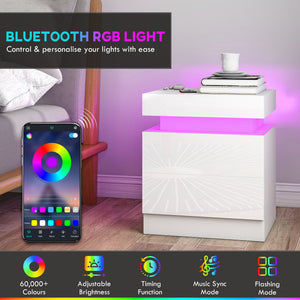 Nightstand Set of 2, End Side Tables with LED Lights, Bedside Tables with 2 Drawers, for Bedroom, White