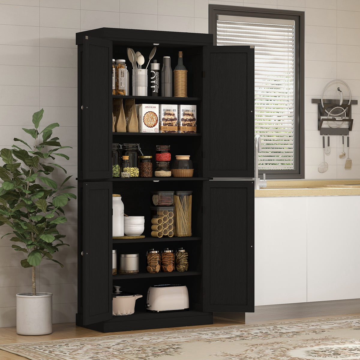 72.5" Freestanding Kitchen Pantry Cabinet with 4 Doors, Black