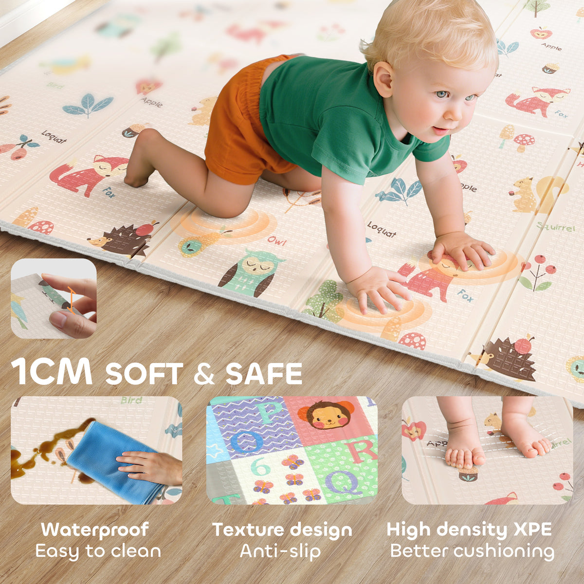Qaba Foldable Baby Plat Mat, 71" x 59" Kids Floor Mat for Crawling and Learning, Number & Animal Theme