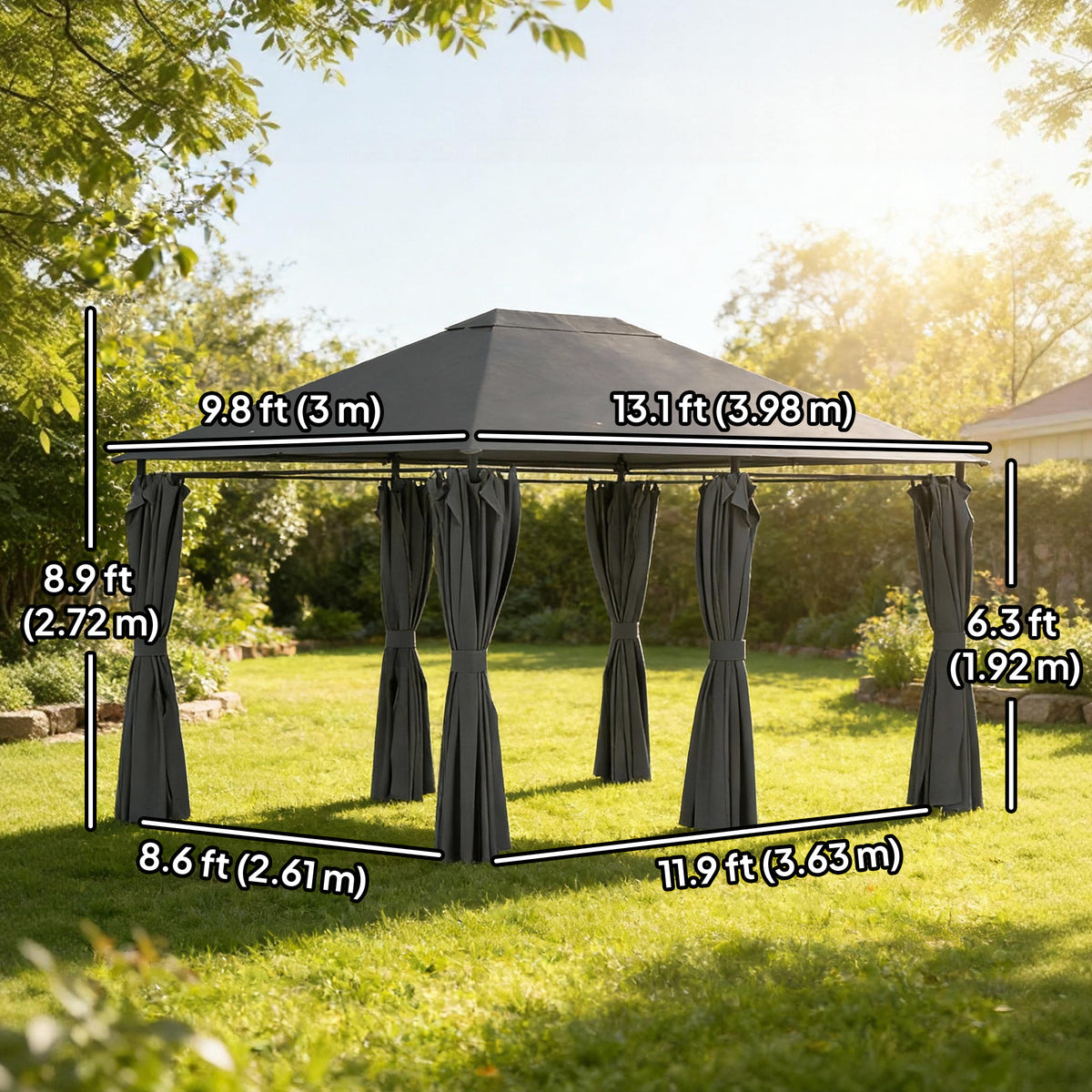 13'x 10' Soft-top Steel Patio Gazebo Canopy Party Tent with 6 Removable Curtains and Drainage Holes, Khaki – view 9