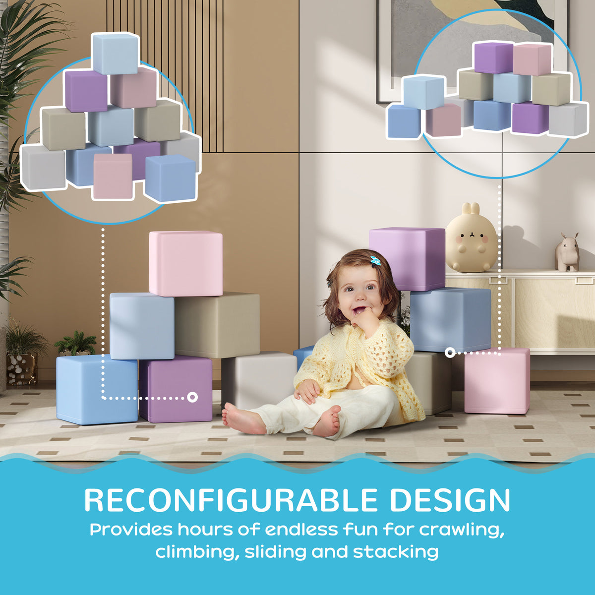 Soozier 12 Piece Soft Play Blocks Soft Foam Toy Building And Stacking Blocks - Multicolours