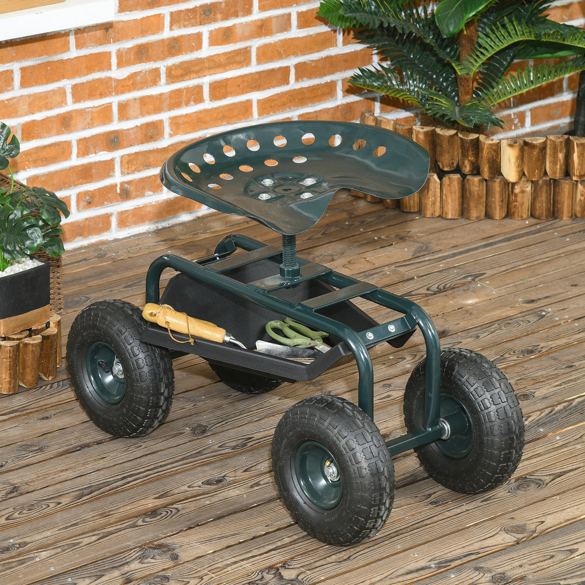 Garden Cart Garden Seat on Wheels with Tool Tray, 360° Swivel and Height Adjustable Seat, for Patio and Yard