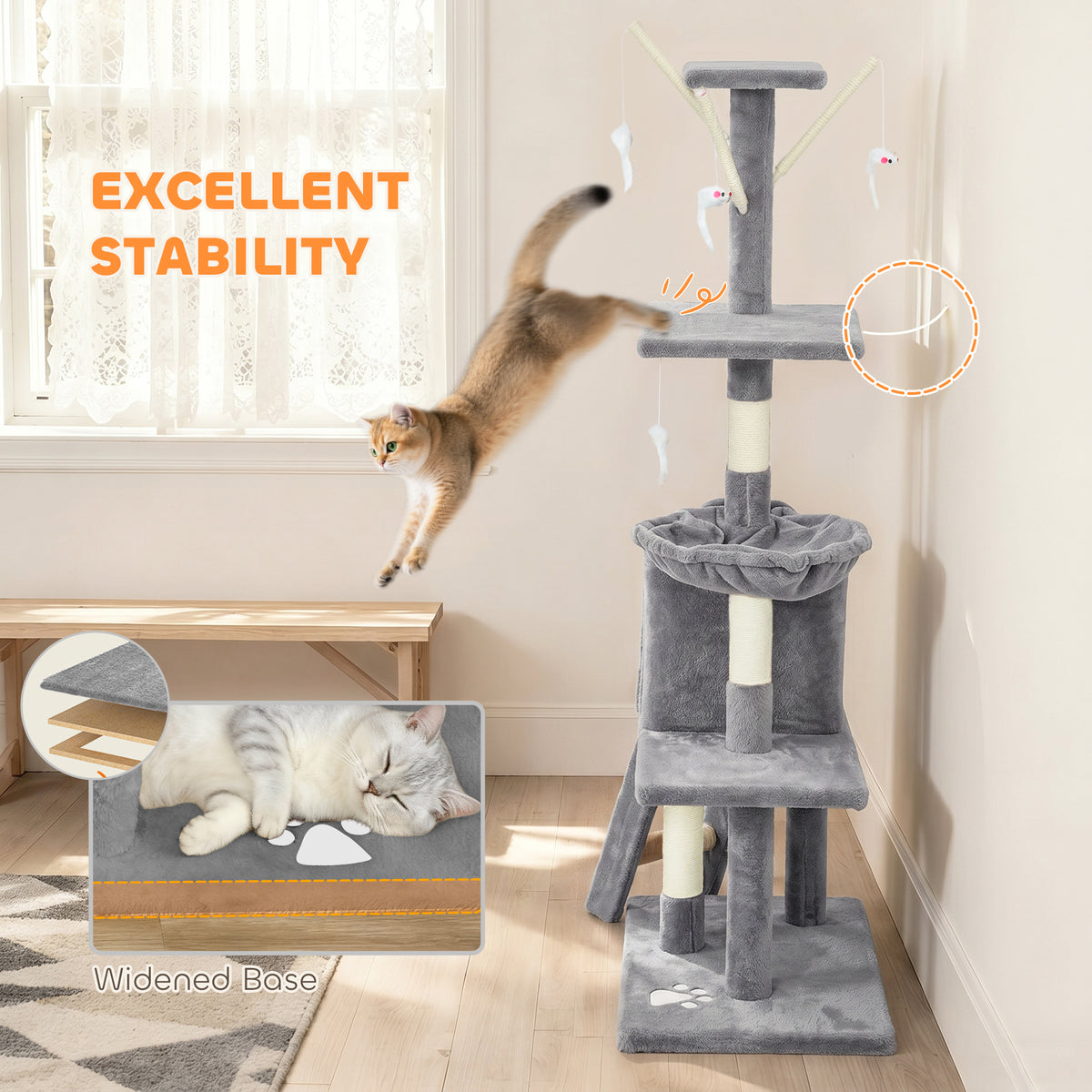 53" Cat Tree Tower, Kitten Activity Centre with Scratching Posts, Condo, Perches, Ladder, Hammock – view 33