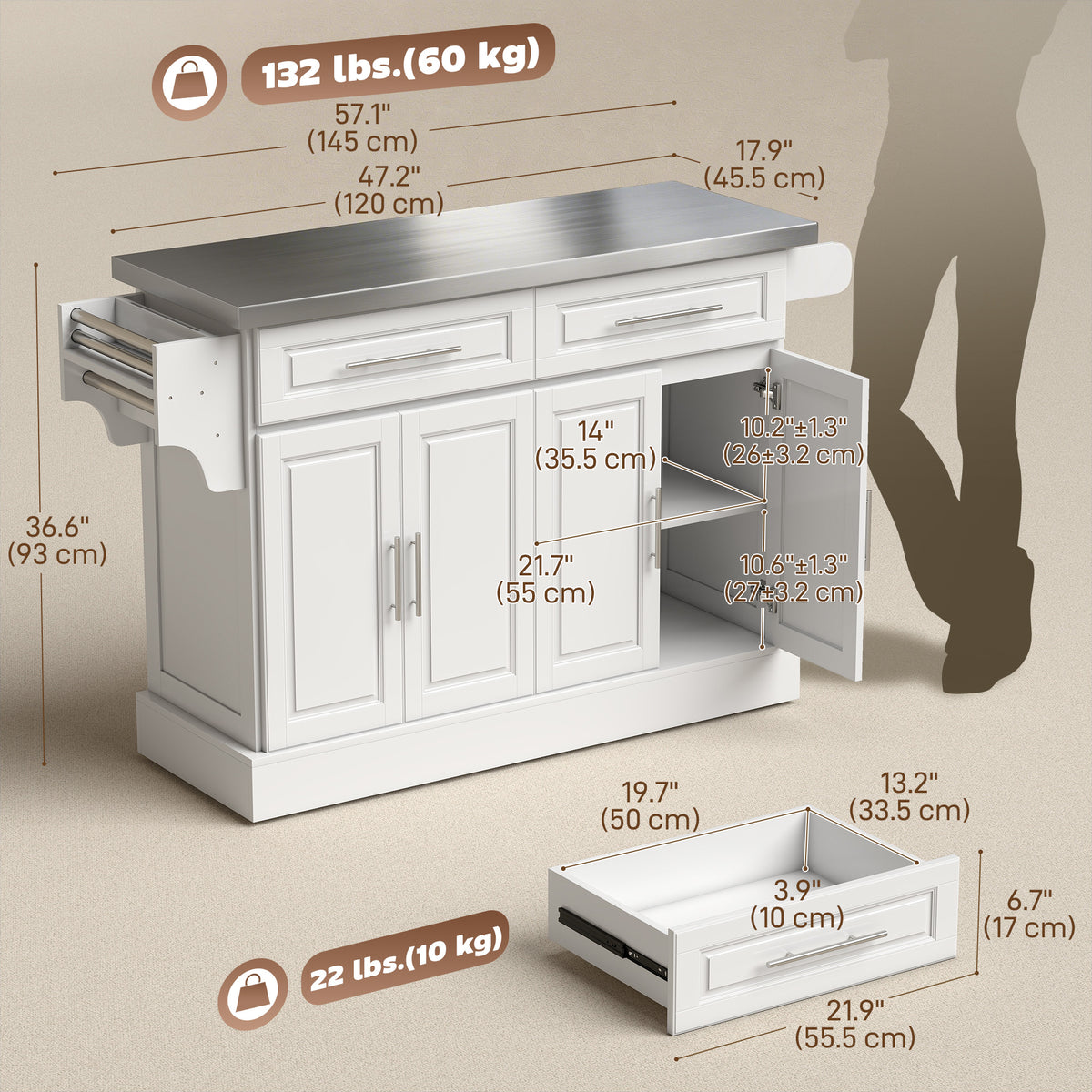 Stainless Steel Kitchen Island with Storage and Stainless Steel Top, Kitchen Trolley with Drawers – view 16
