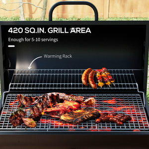Barrel Charcoal BBQ Smoker, Barbecue with 420 sq.in. Cooking Area, Wheels, Ash Catcher, Black
