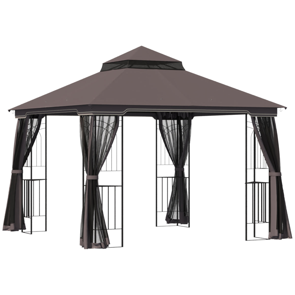 10'x10' Soft-top Patio Gazebo with Double Tier Roof, Mesh Curtains, Display Shelves, Top Hooks, Beige – view 8
