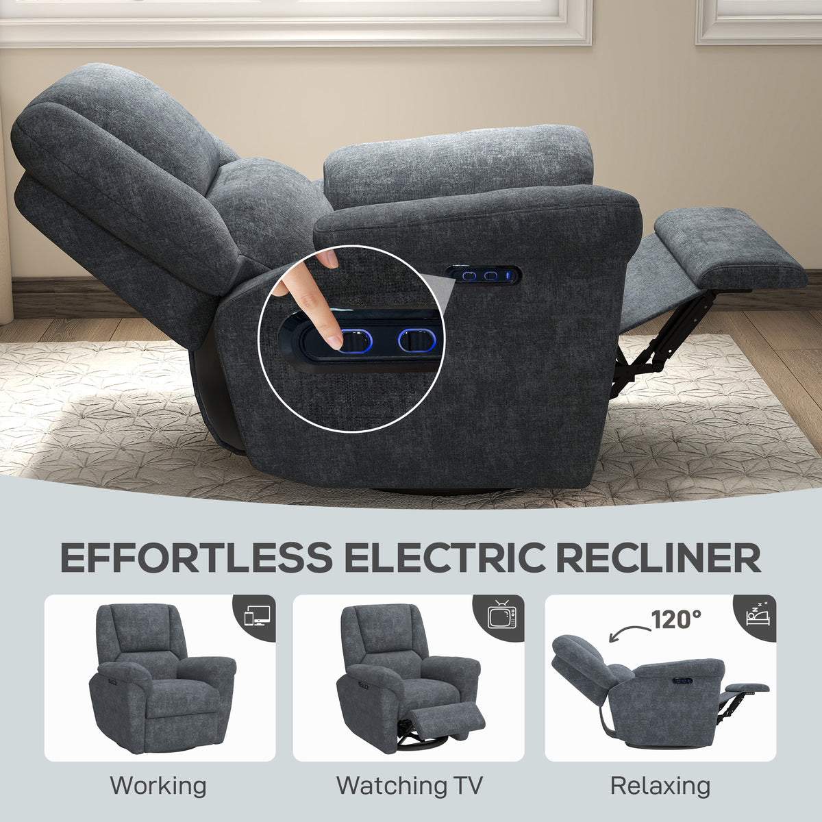 Power Recliner Chair, Fabric Upholstered Recliner Chair with USB Ports, Swivel and Rocking Function – view 10