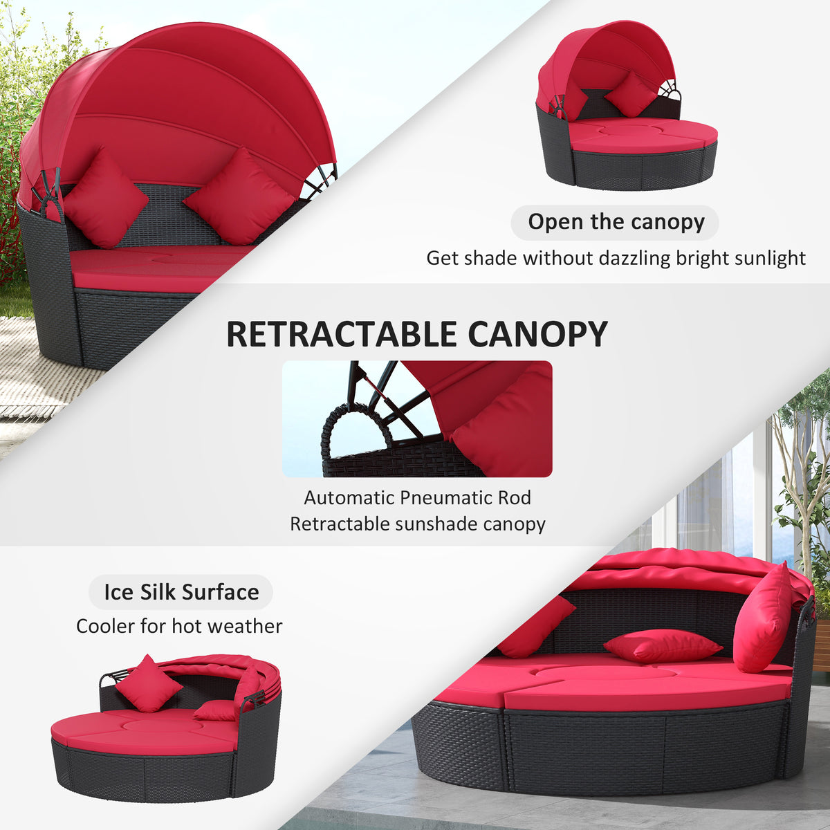 4-piece Round Sofa Bed, Outdoor Daybed with Retractable Canopy, PE Rattan Wicker Patio Lounge Chair