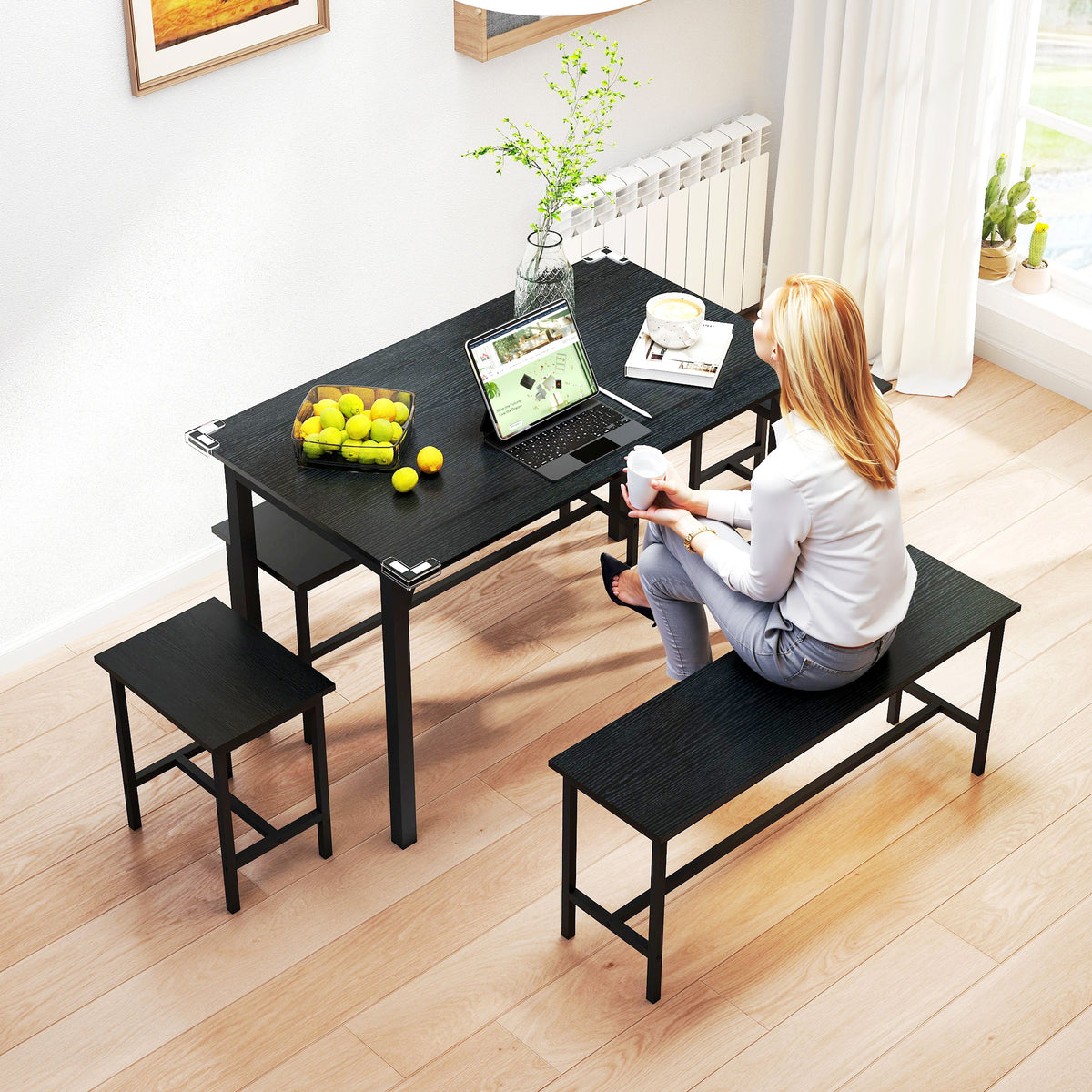 Extendable Dining Table Set, 5-Piece Dining Set for 4-6 with 2 Benches and 2 Stools for Small Spaces, Black