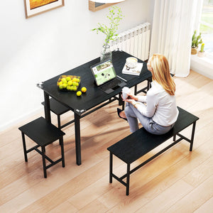 Extendable Dining Table Set, 5-Piece Dining Set for 4-6 with 2 Benches and 2 Stools for Small Spaces, Black