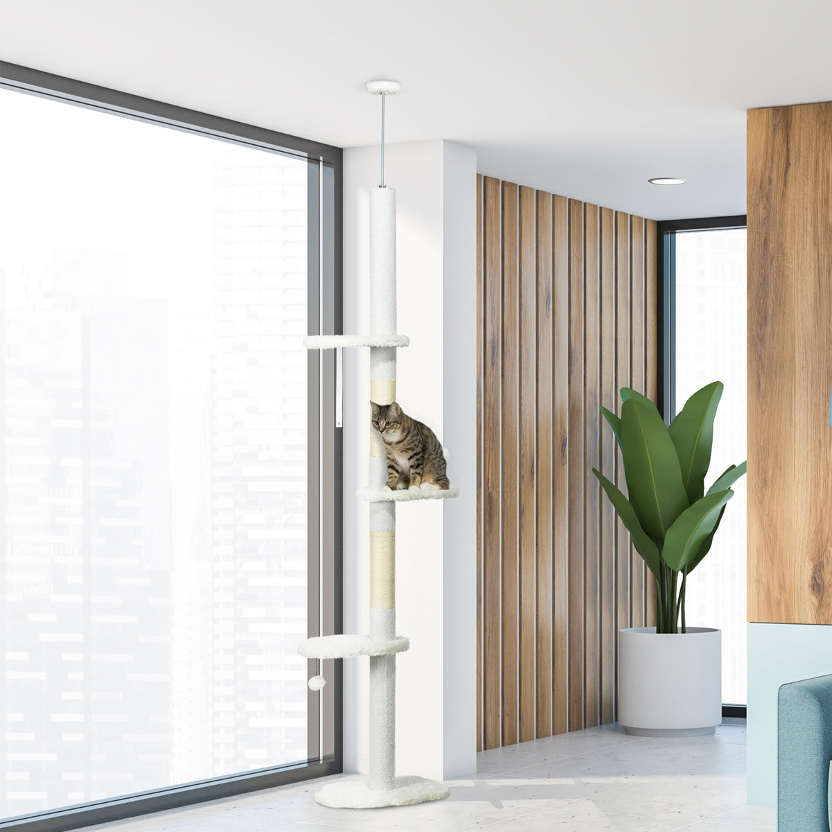 88.5"-100.5" Floor to Ceiling Cat Tree, Cat Tower with Scratching Posts, Cloud Shaped Platforms, Dangling Balls, Cream