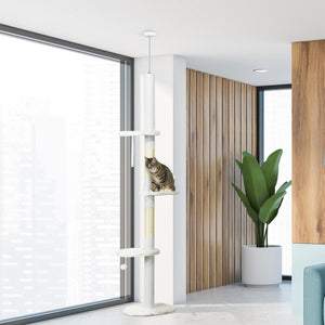 88.5"-100.5" Floor to Ceiling Cat Tree, Cat Tower with Scratching Posts, Cloud Shaped Platforms, Dangling Balls, Cream