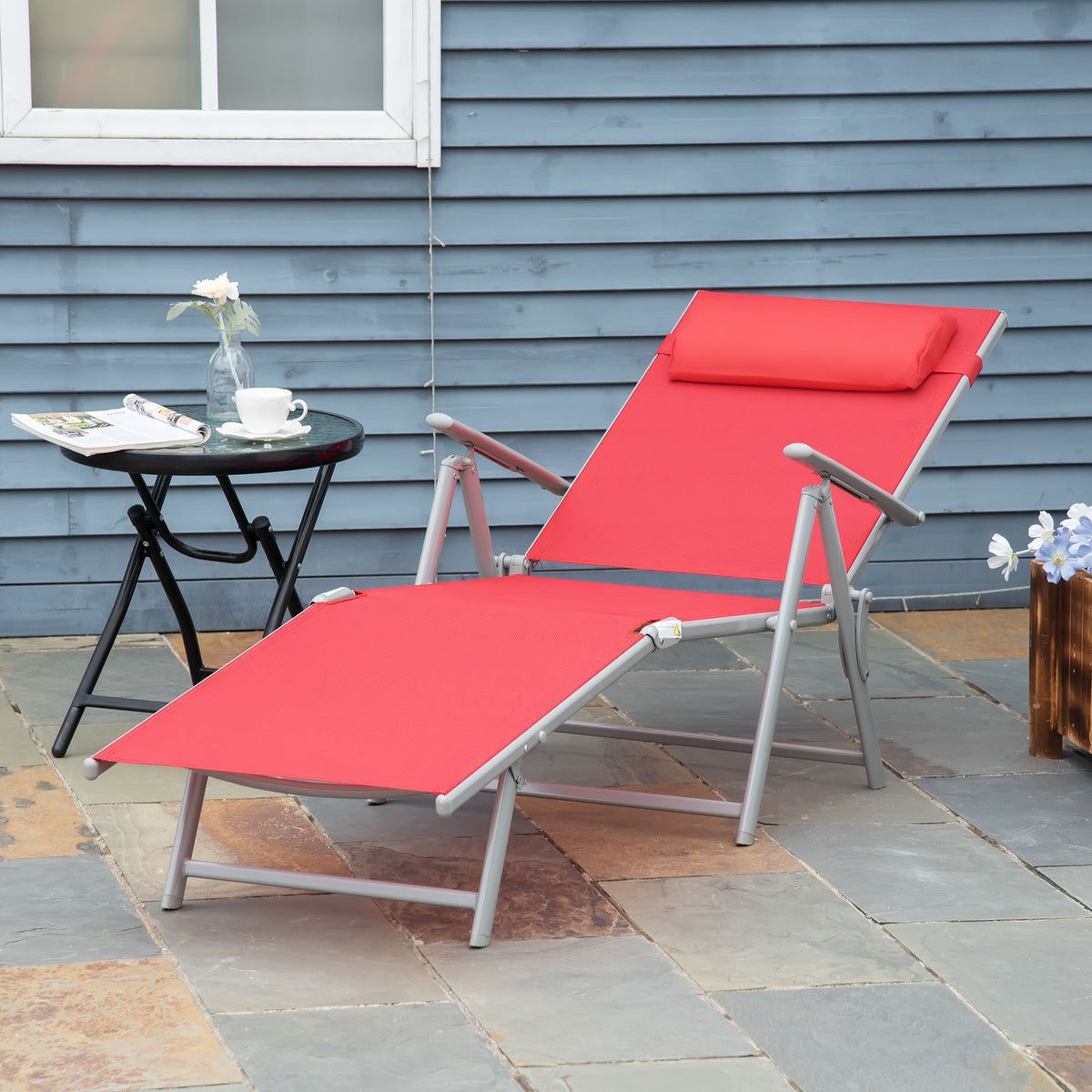 Outdoor Folding Chaise Lounge Chair Steel Portable Recliner with 7 Adjustable Backrest Positions, Red